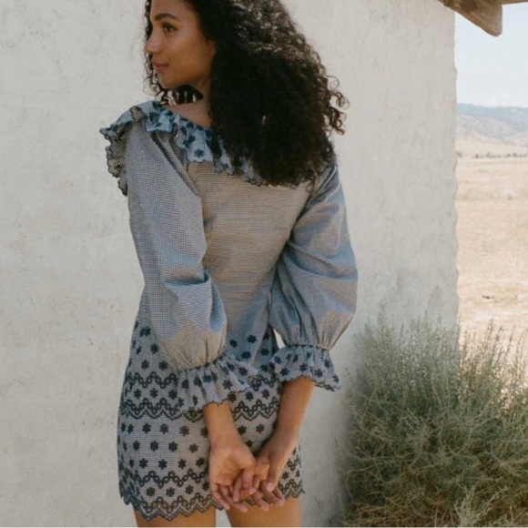 NWT Doen Franique Cotton Ruffle Eyelet Long Sleeve Dress Azure Paris Gingham - Picture 4 of 14